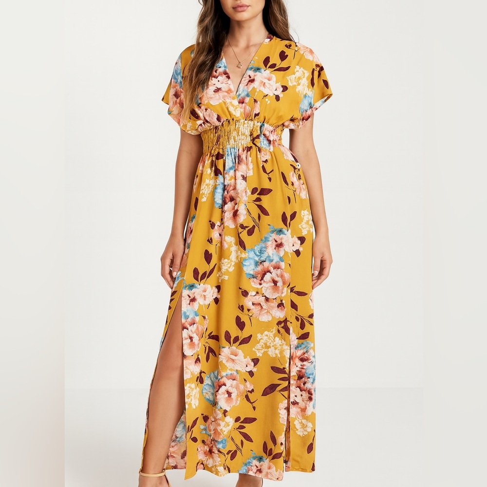 Monteau Floral Maxi Dress V-Neck Side Slits Gold Mustard Pink Size XS